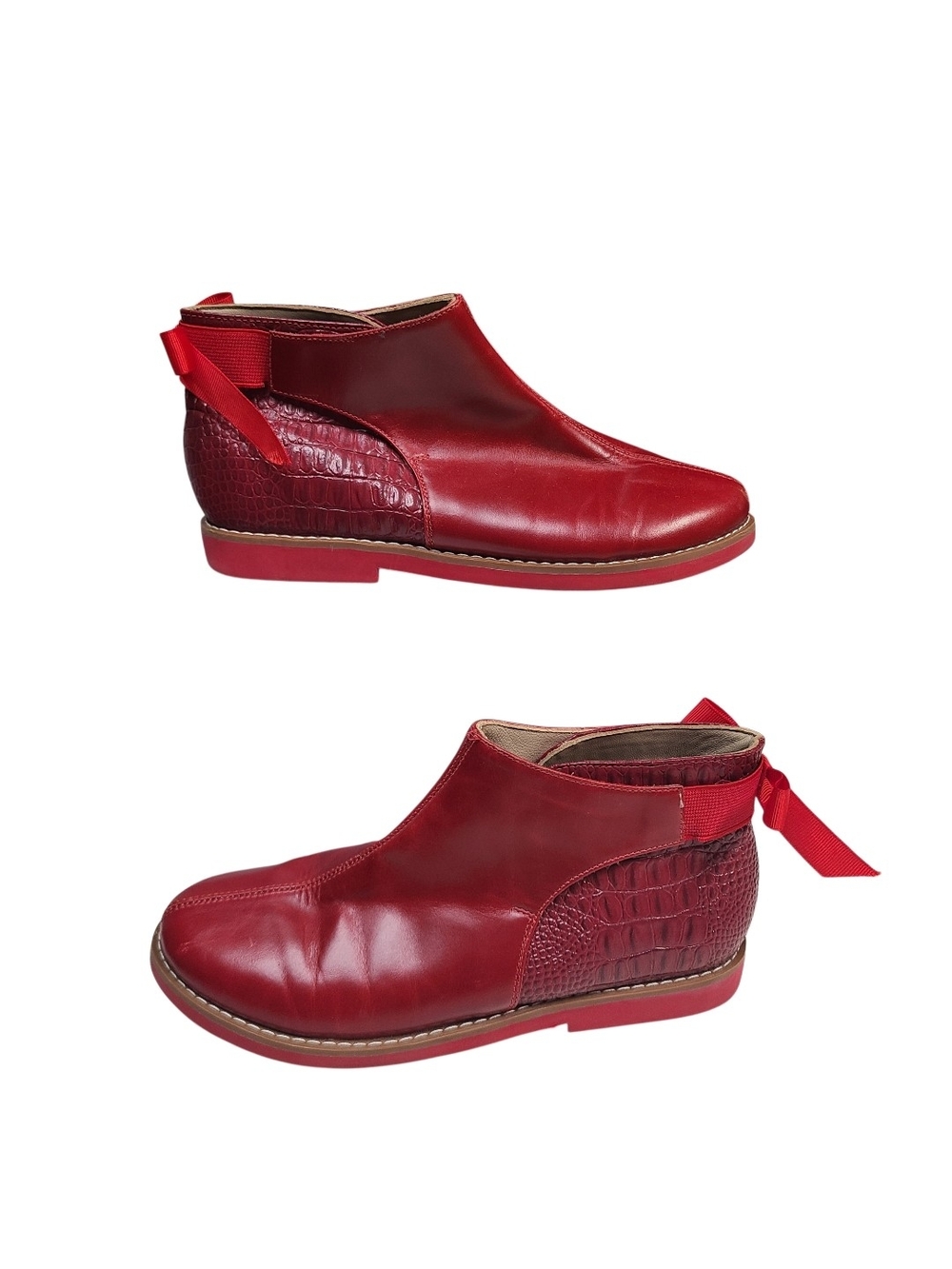 ​Elephantito Red Leather Croco Embossed Bow Ankle Boots Size 4